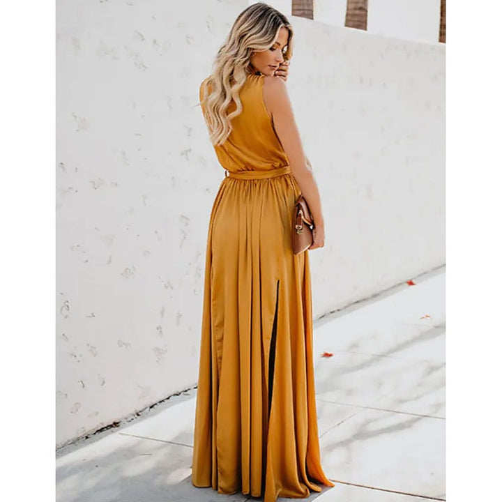 Womens Solid Color Slit Tie Maxi Dress Image 12