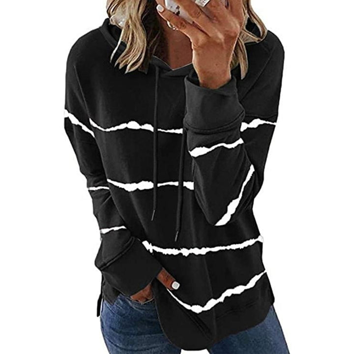 Womens Striped Printed Long Sleeve Drawstring Pullover Hoodie Image 1