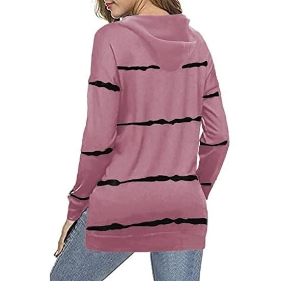 Womens Striped Printed Long Sleeve Drawstring Pullover Hoodie Image 8