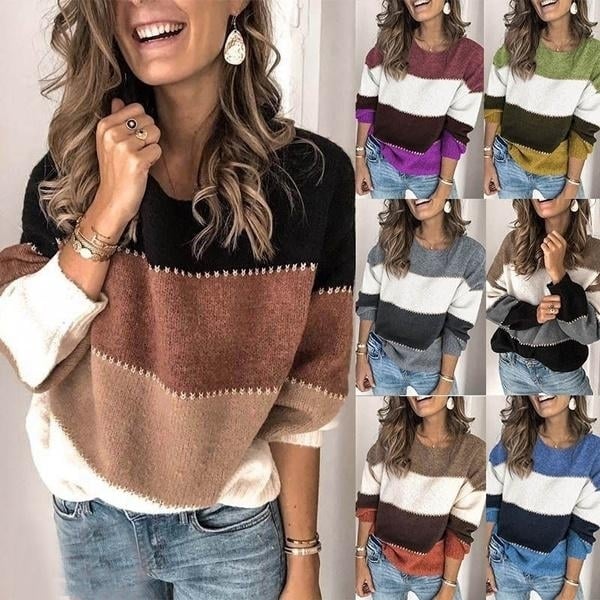 Womens Striped Patchwork Streetwear Loose Knitted Pullovers Tops Image 1