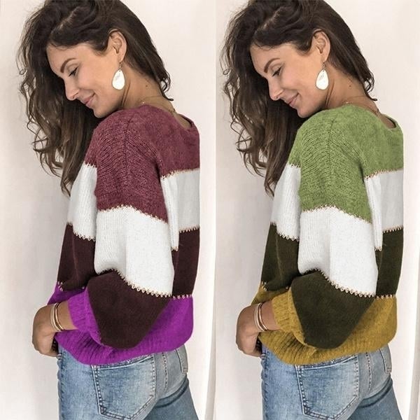 Womens Striped Patchwork Streetwear Loose Knitted Pullovers Tops Image 9