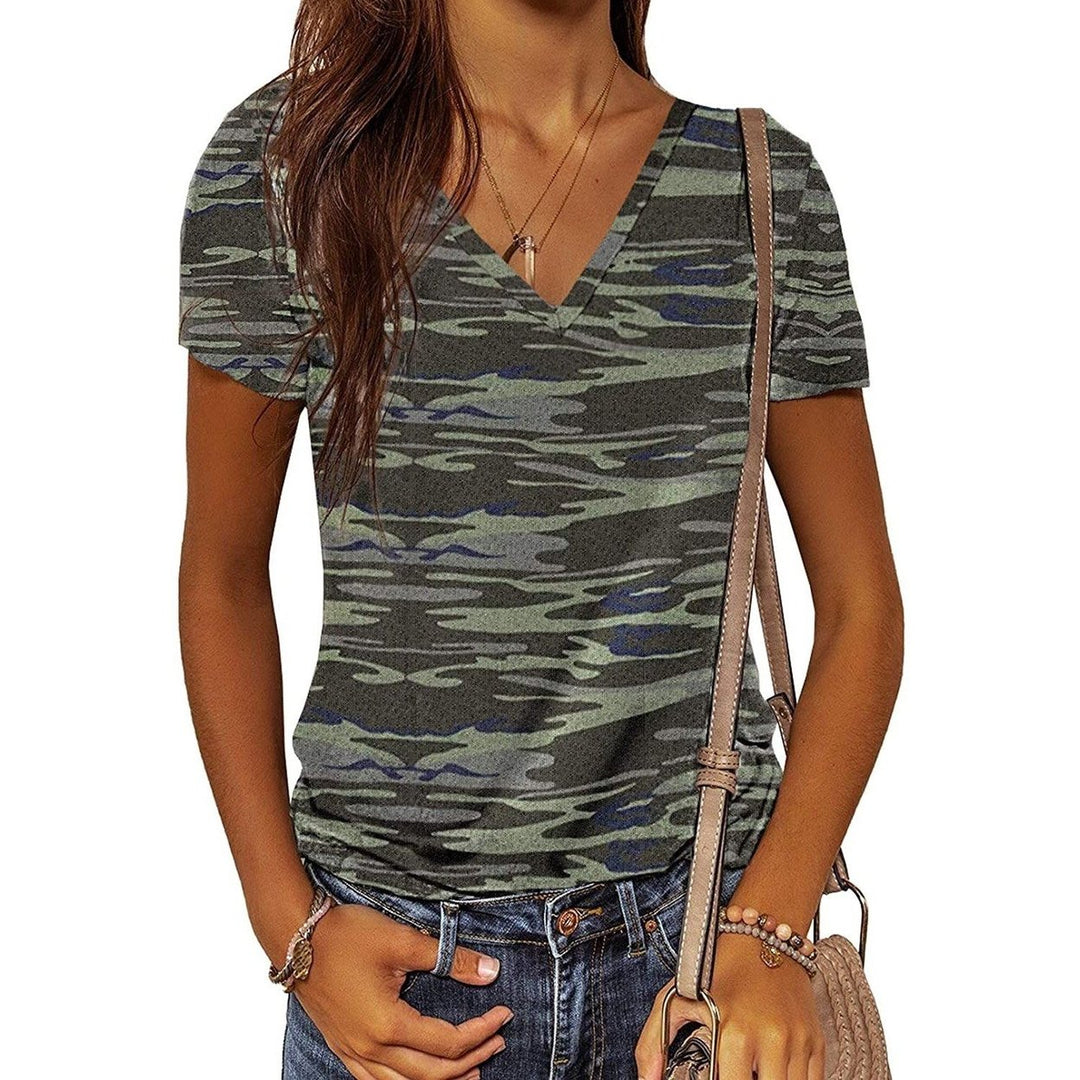 Womens Summer Camo V Neck Short Sleeve Tee Shirts Casual Loose Blouse Tops Image 2