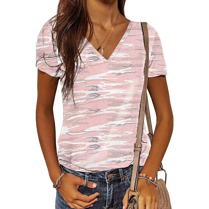 Womens Summer Camo V Neck Short Sleeve Tee Shirts Casual Loose Blouse Tops Image 4