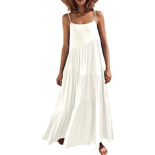 Womens Summer Casual Loose Sleeveless Spaghetti Strap Asymmetric Tiered Beach Maxi Long Dress Image 1