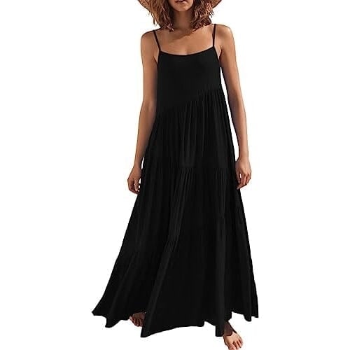 Womens Summer Casual Loose Sleeveless Spaghetti Strap Asymmetric Tiered Beach Maxi Long Dress Image 2