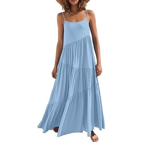 Womens Summer Casual Loose Sleeveless Spaghetti Strap Asymmetric Tiered Beach Maxi Long Dress Image 3