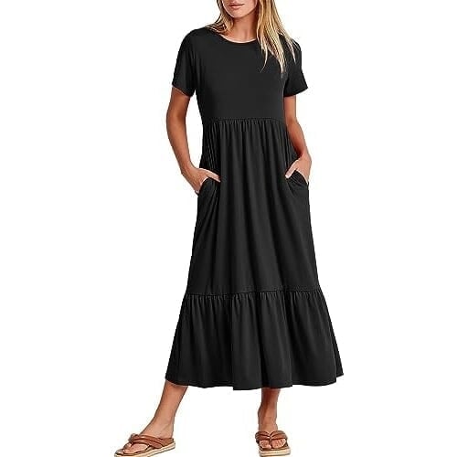 Womens Summer Casual Short Sleeve Crewneck Swing Dress Image 2