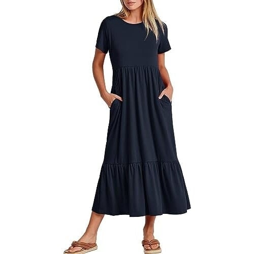 Womens Summer Casual Short Sleeve Crewneck Swing Dress Image 4