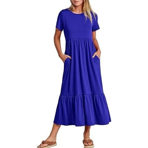 Womens Summer Casual Short Sleeve Crewneck Swing Dress Image 6