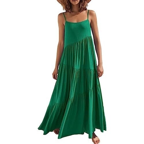 Womens Summer Casual Loose Sleeveless Spaghetti Strap Asymmetric Tiered Beach Maxi Long Dress Image 4