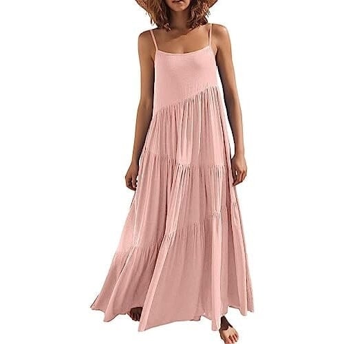 Womens Summer Casual Loose Sleeveless Spaghetti Strap Asymmetric Tiered Beach Maxi Long Dress Image 6