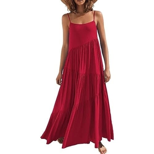 Womens Summer Casual Loose Sleeveless Spaghetti Strap Asymmetric Tiered Beach Maxi Long Dress Image 7