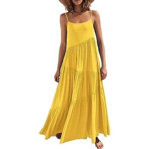 Womens Summer Casual Loose Sleeveless Spaghetti Strap Asymmetric Tiered Beach Maxi Long Dress Image 8