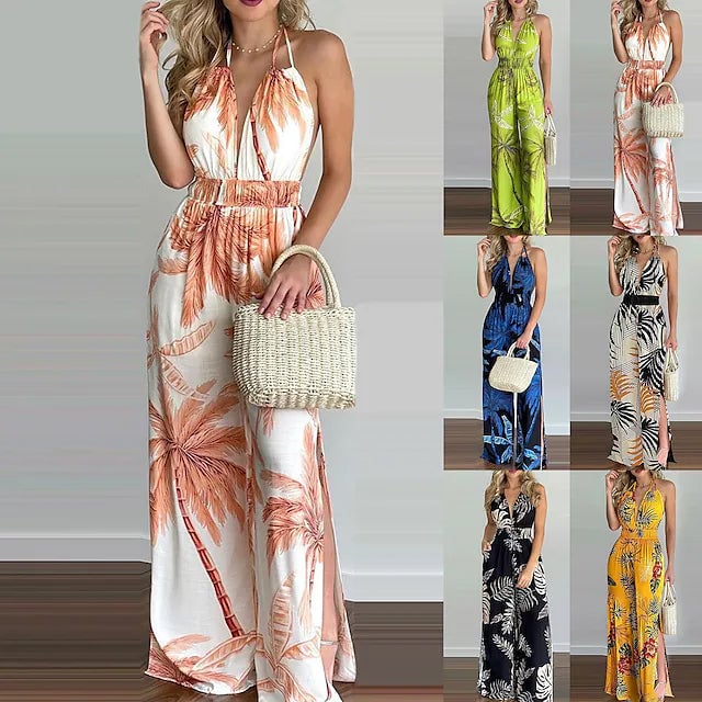 Womens Summer Digital Printing Colorful Slit Jumpsuit Image 1