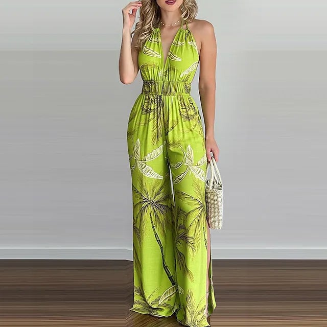 Womens Summer Digital Printing Colorful Slit Jumpsuit Image 2