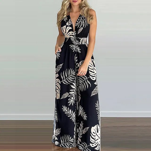 Womens Summer Digital Printing Colorful Slit Jumpsuit Image 4