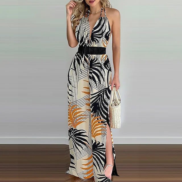 Womens Summer Digital Printing Colorful Slit Jumpsuit Image 4