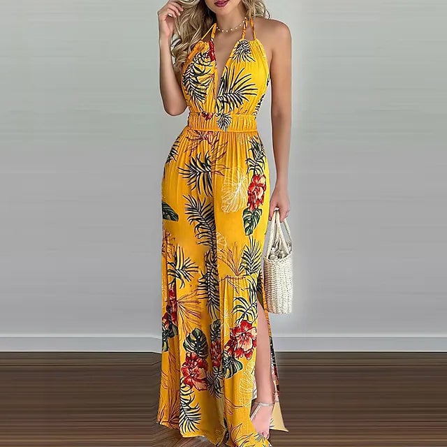 Womens Summer Digital Printing Colorful Slit Jumpsuit Image 7