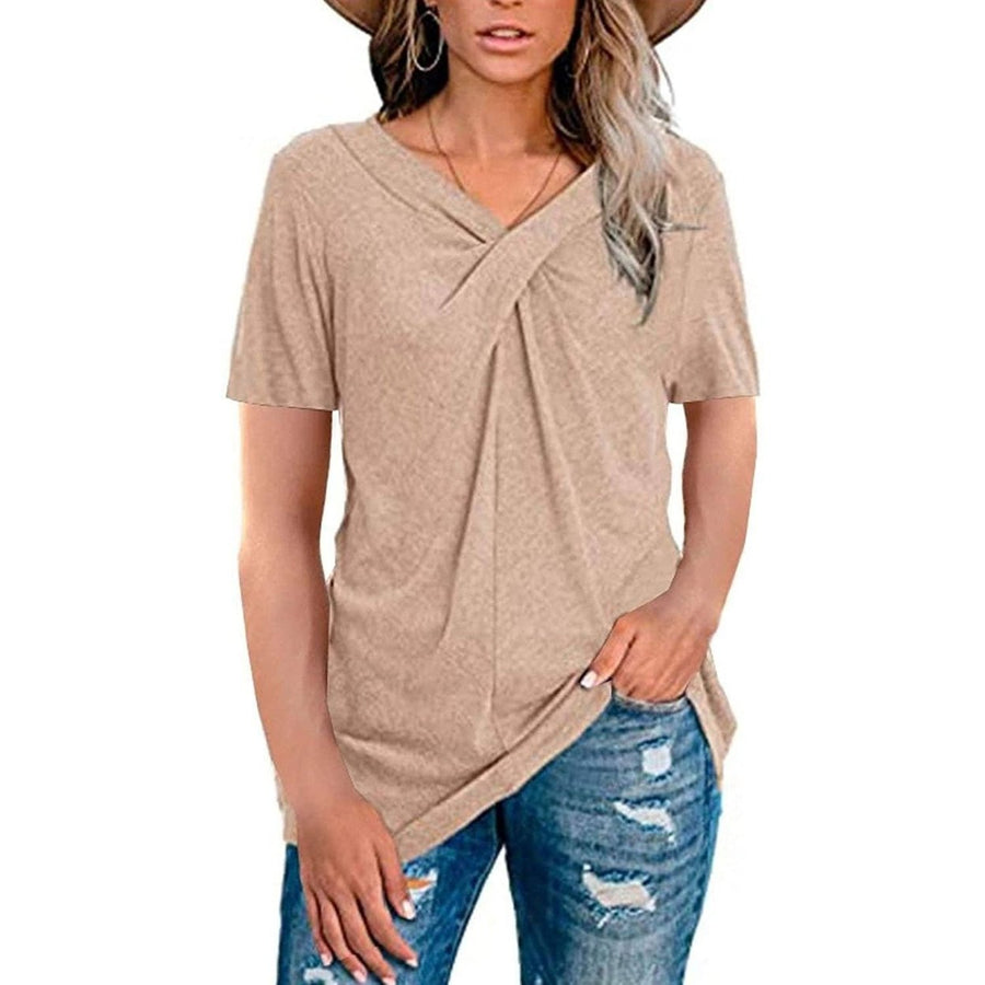 Womens Summer Shirts V Neck Short Sleeve Tops Cross Knot Image 1