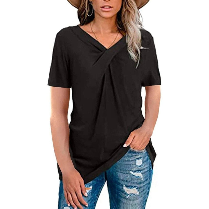 Womens Summer Shirts V Neck Short Sleeve Tops Cross Knot Image 2