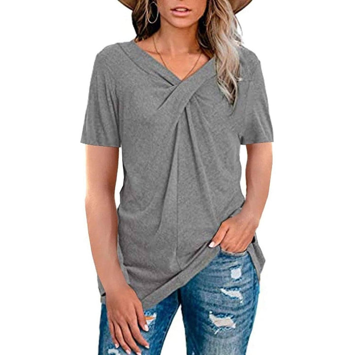 Womens Summer Shirts V Neck Short Sleeve Tops Cross Knot Image 3