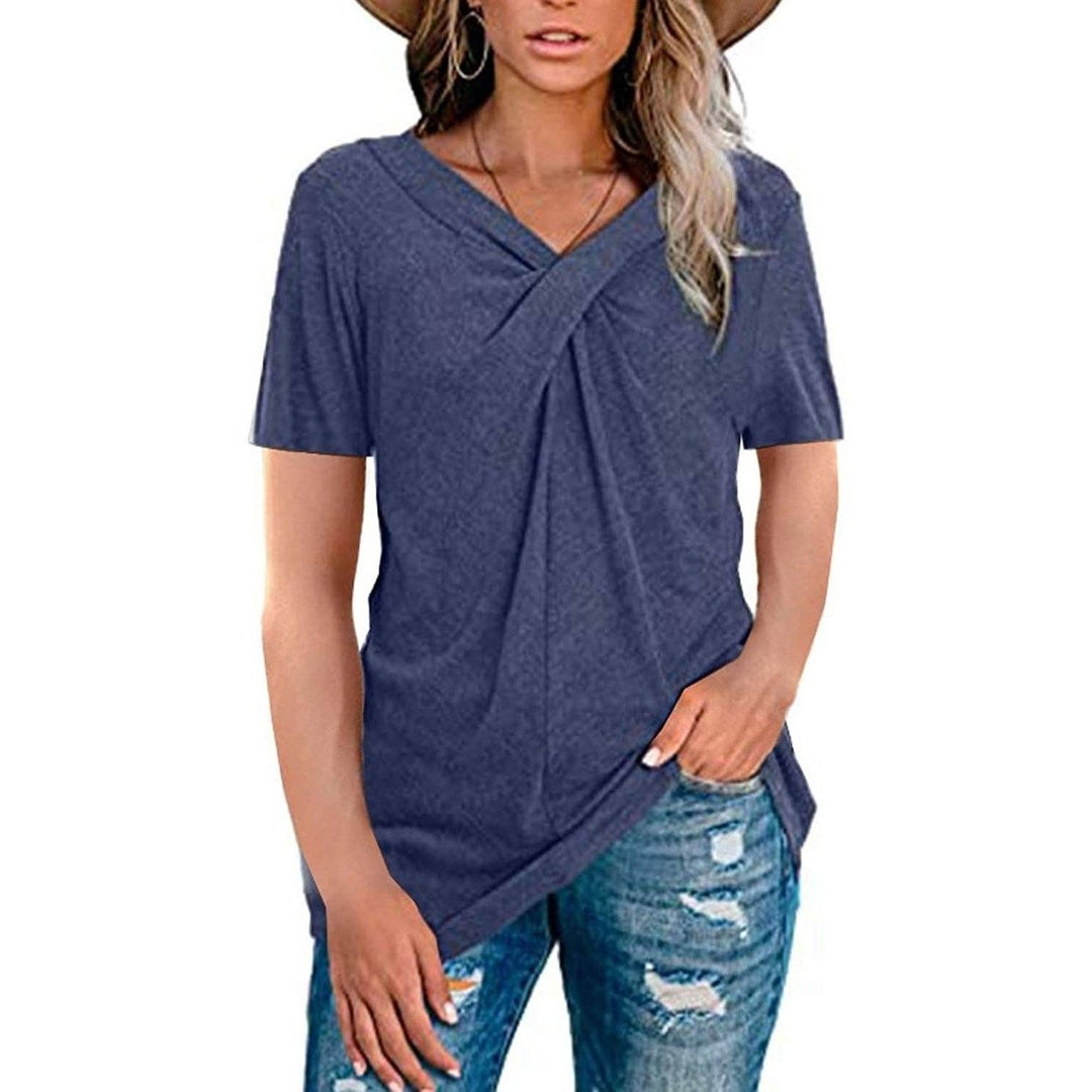 Womens Summer Shirts V Neck Short Sleeve Tops Cross Knot Image 4