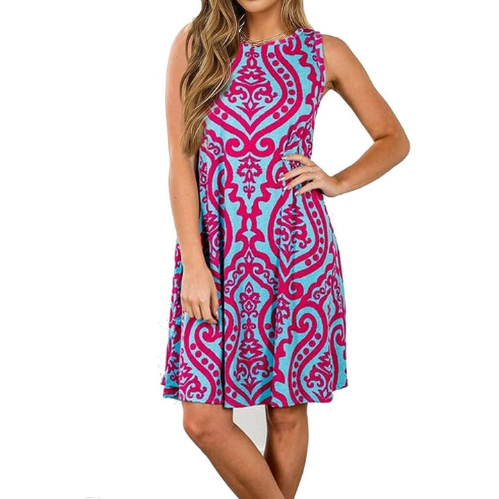 Womens Summer Sleeveless Damask Print Pocket Loose T-Shirt Cover Up Dress Image 4