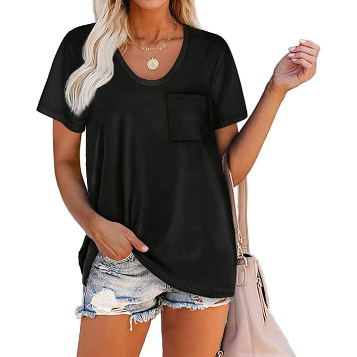 Womens Summer Short Sleeve Crew Neck Pocket Top Image 1