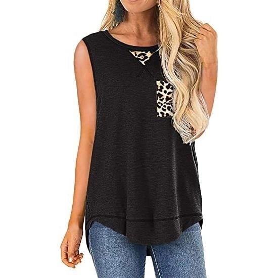 Womens Summer Tank Tops Leopard Pocket Sleeveless Blouse Image 1