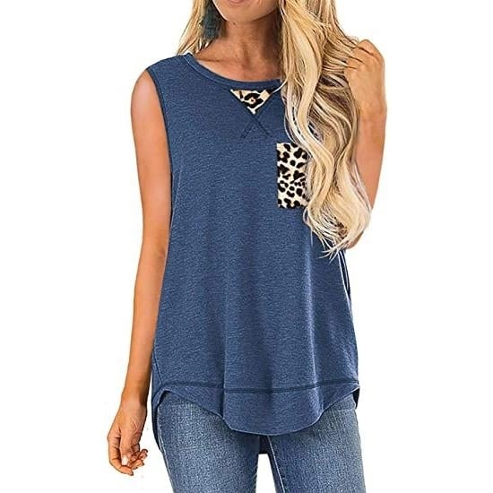 Womens Summer Tank Tops Leopard Pocket Sleeveless Blouse Image 2