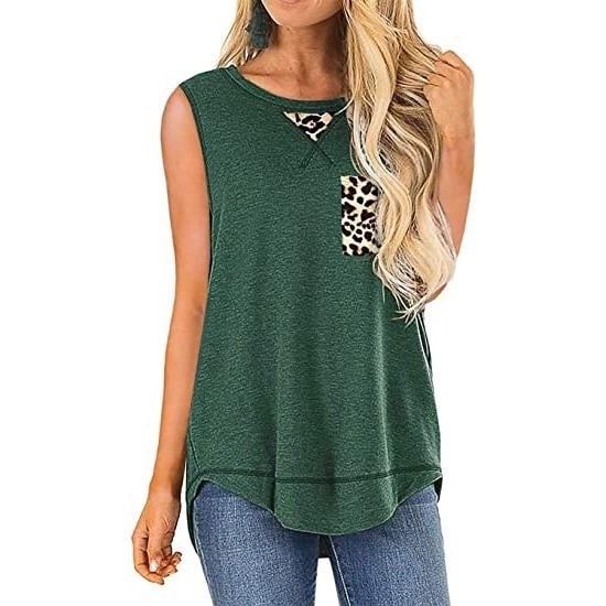 Womens Summer Tank Tops Leopard Pocket Sleeveless Blouse Image 3