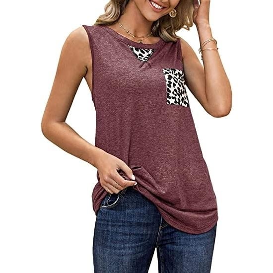 Womens Summer Tank Tops Leopard Pocket Sleeveless Blouse Image 4