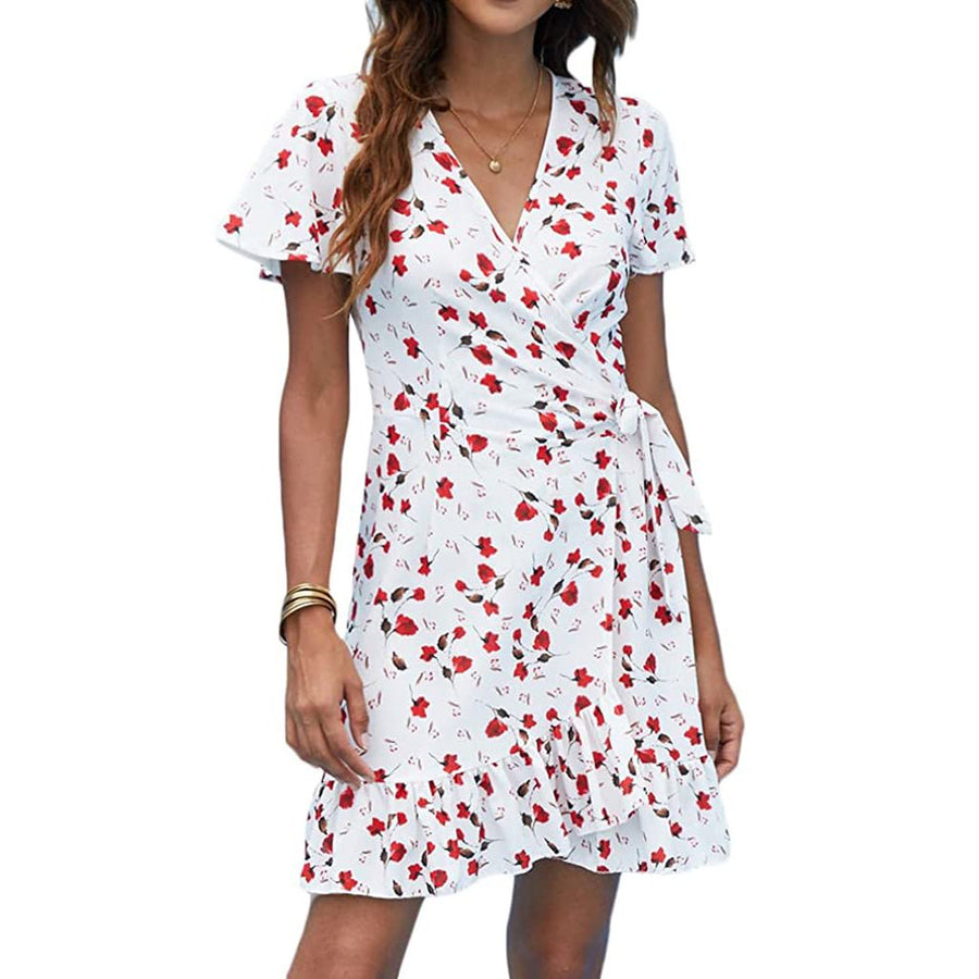 Womens Summer Wrap V Neck Polka Dot Dress Image 1