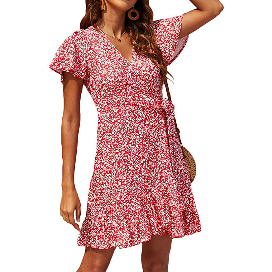 Womens Summer Wrap V Neck Polka Dot Dress Image 4