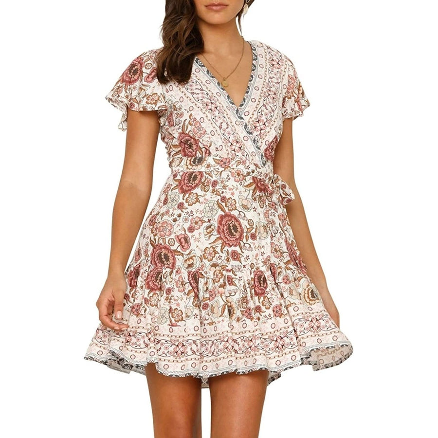 Womens Summer Wrap V Neck Bohemian Floral Print Mini Dress Image 1