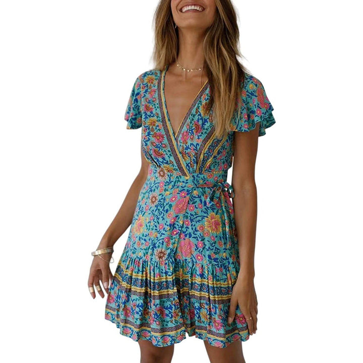 Womens Summer Wrap V Neck Bohemian Floral Print Mini Dress Image 3