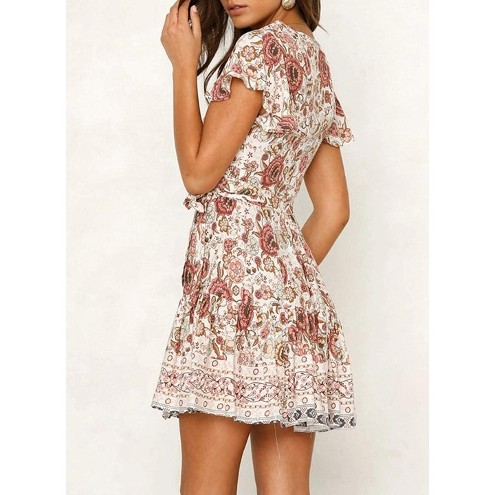 Womens Summer Wrap V Neck Bohemian Floral Print Mini Dress Image 9