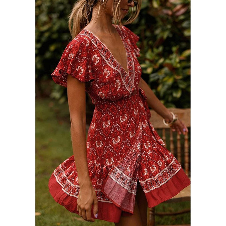 Womens Summer Wrap V Neck Bohemian Floral Print Mini Dress Image 12