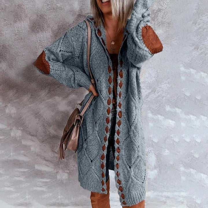 Womens Knitted Color Block Hooded Cardigan Sweater Image 1