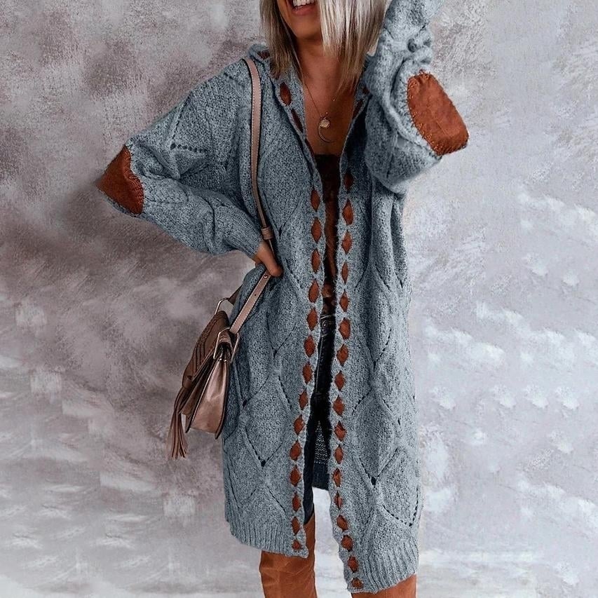 Womens Knitted Color Block Hooded Cardigan Sweater Image 1