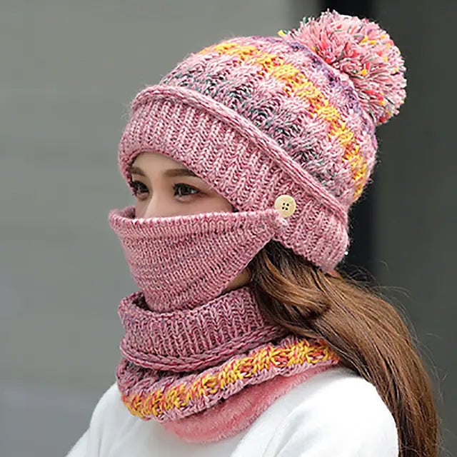 Womens Knitted Hat Scarf Mask Set Image 1