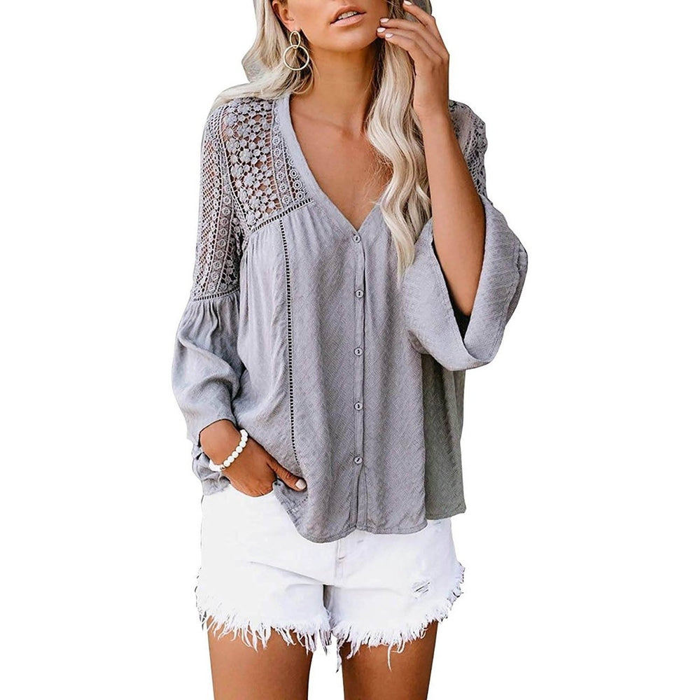 Womens Lace Crochet V Neck 3/4 Sleeve Button Down Blouses Casual Shirts Tops Image 2