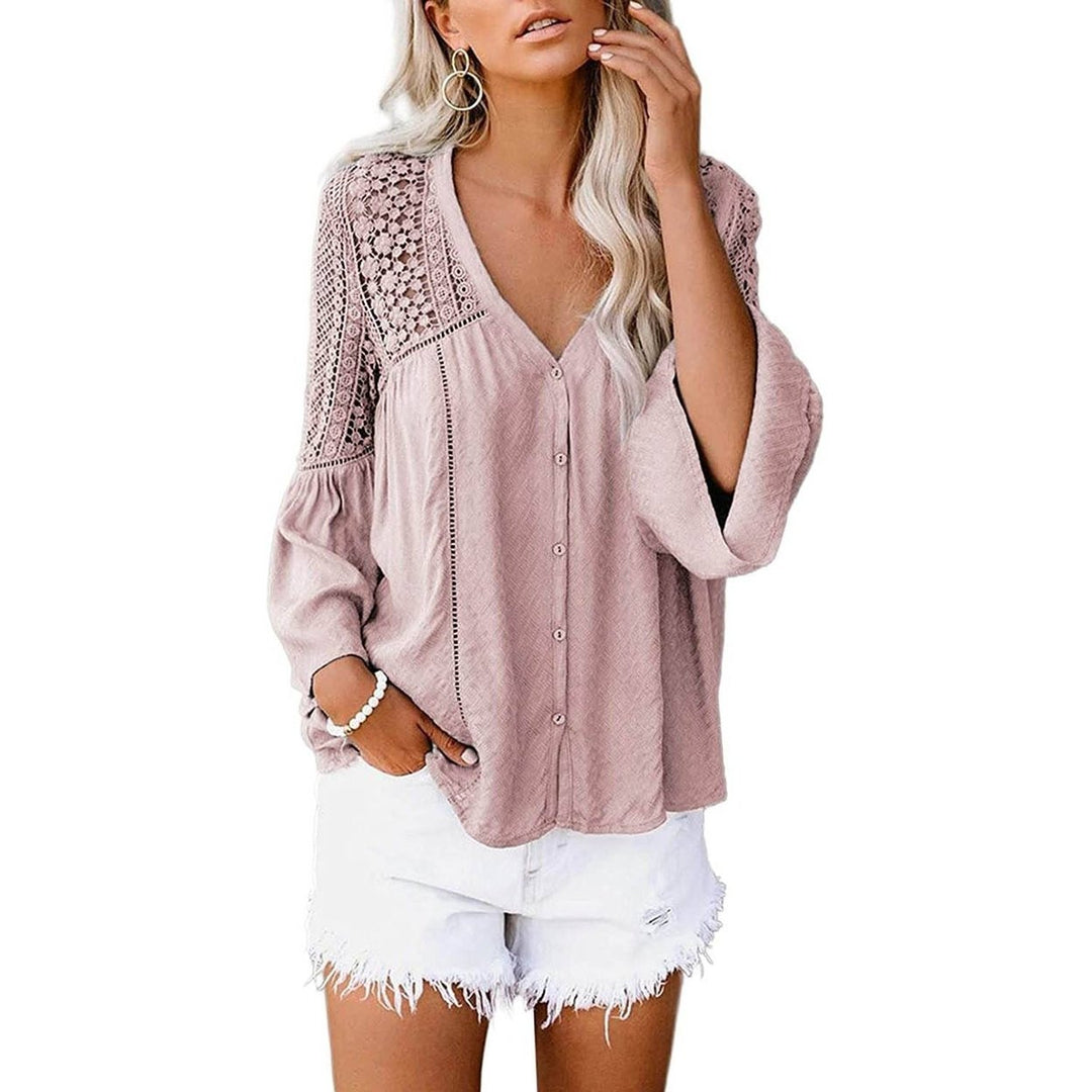 Womens Lace Crochet V Neck 3/4 Sleeve Button Down Blouses Casual Shirts Tops Image 3