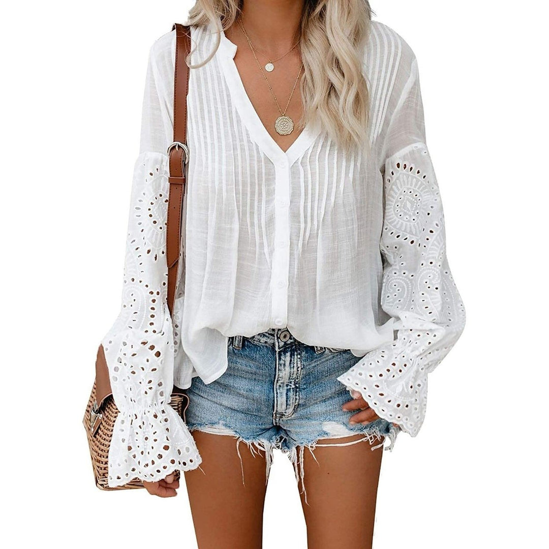 Womens Lace Crochet V-Neck Top Image 1