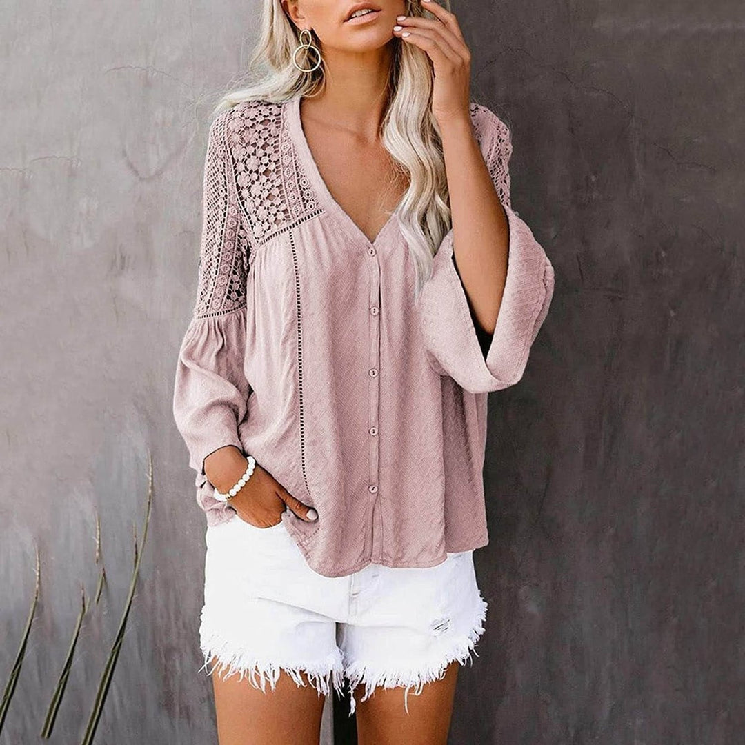 Womens Lace Crochet V Neck 3/4 Sleeve Button Down Blouses Casual Shirts Tops Image 12