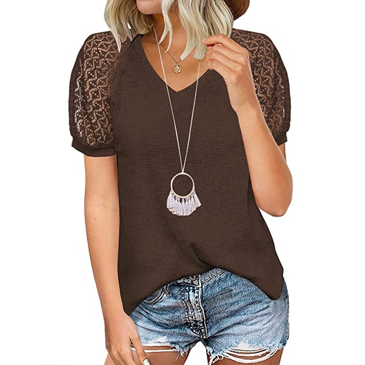 Womens Lace Short Sleeve V-Neck Top Image 4