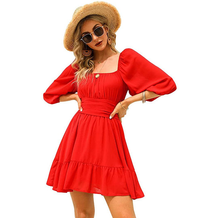 Womens Lantern Sleeve Tie Back Mini Dress Image 2