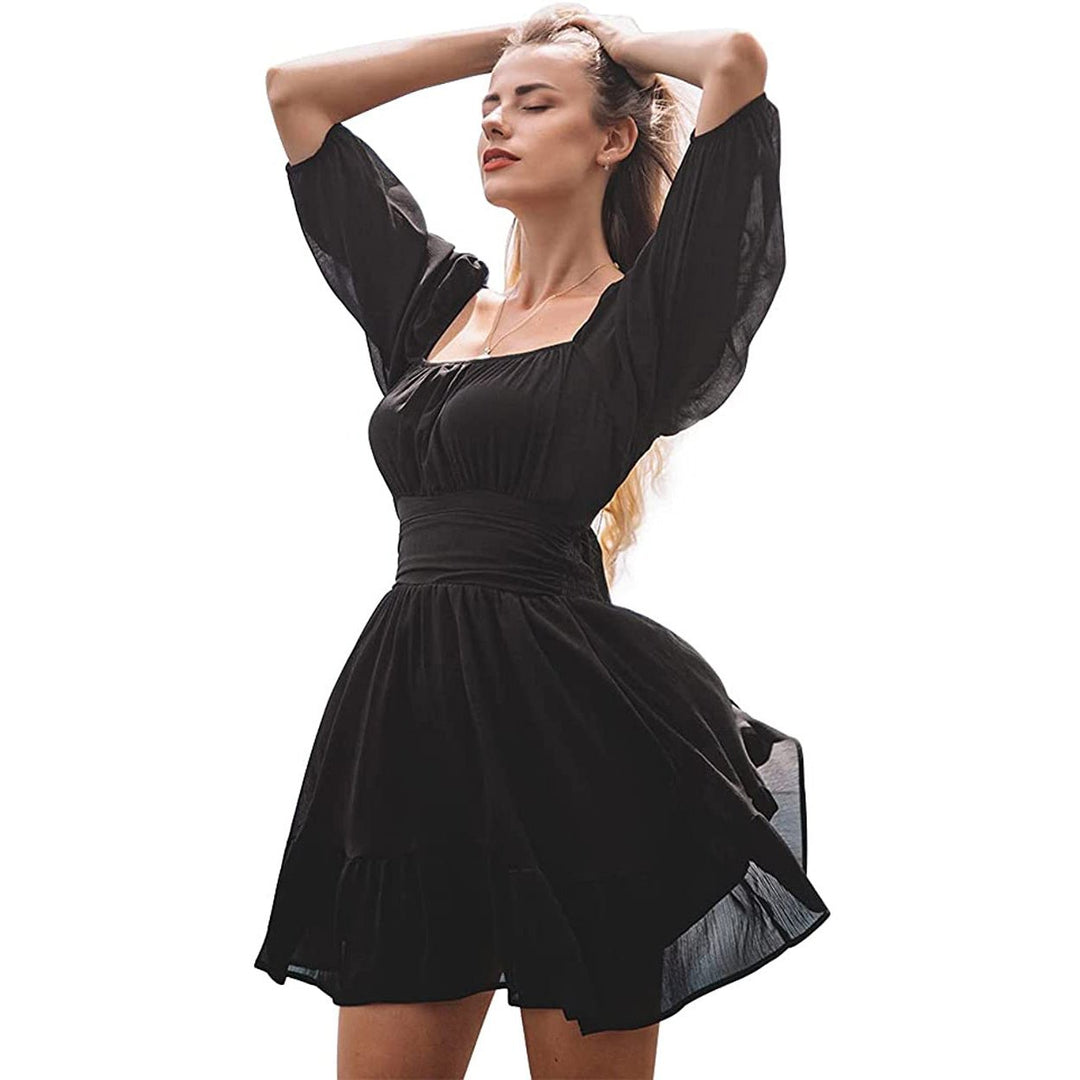 Womens Lantern Sleeve Tie Back Mini Dress Image 3