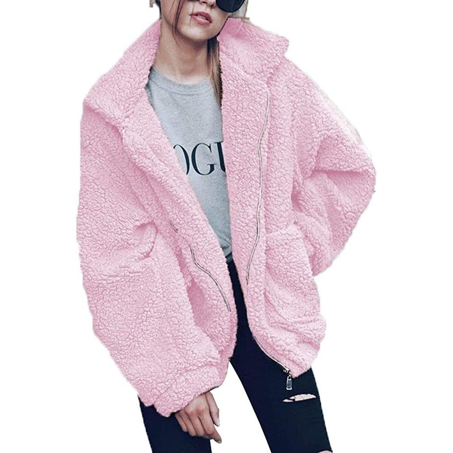 Womens Lapel Zip Up Faux Shearling Shaggy Coat Jacket Image 1