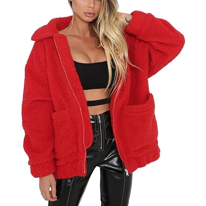 Womens Lapel Zip Up Faux Shearling Shaggy Coat Jacket Image 2